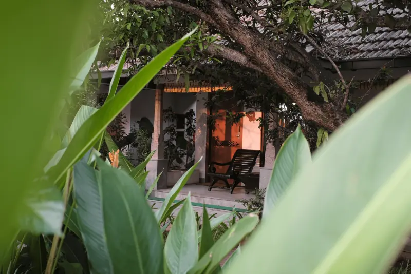 Garden-view patio of a Premier Room at Vedic Village Kodungallur, wooden armchair on a warmly lit veranda framed by lush tropical foliage
