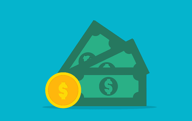 Illustration of a coin and three bills on a blue background