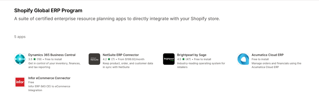 Shopify App Store-Seite des Shopify Global ERP Program mit fünf zertifizierten ERP-Apps, darunter NetSuite