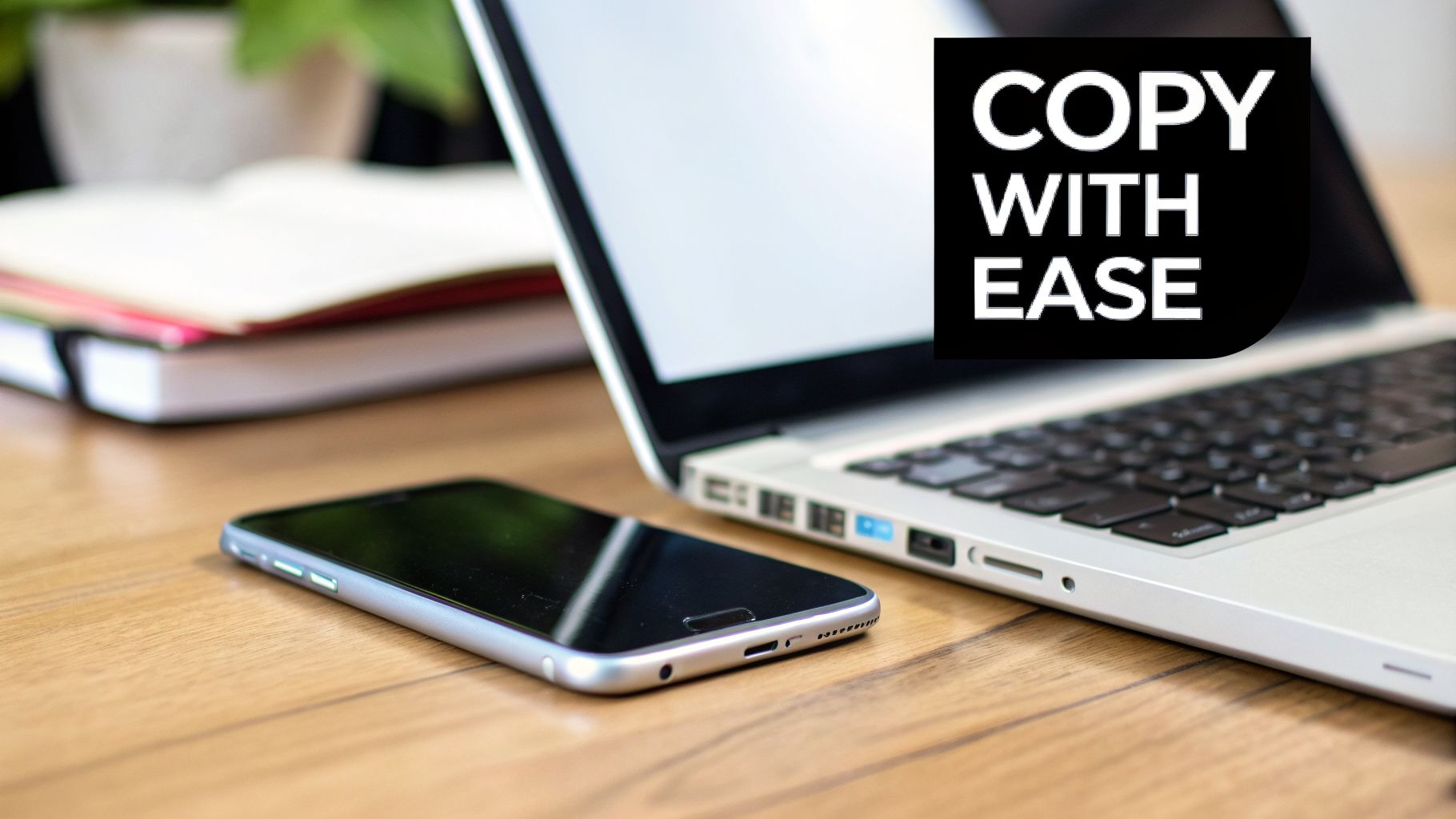 A laptop and smartphone on a wooden desk with books in the background. Overlay text says 'COPY WITH EASE'.