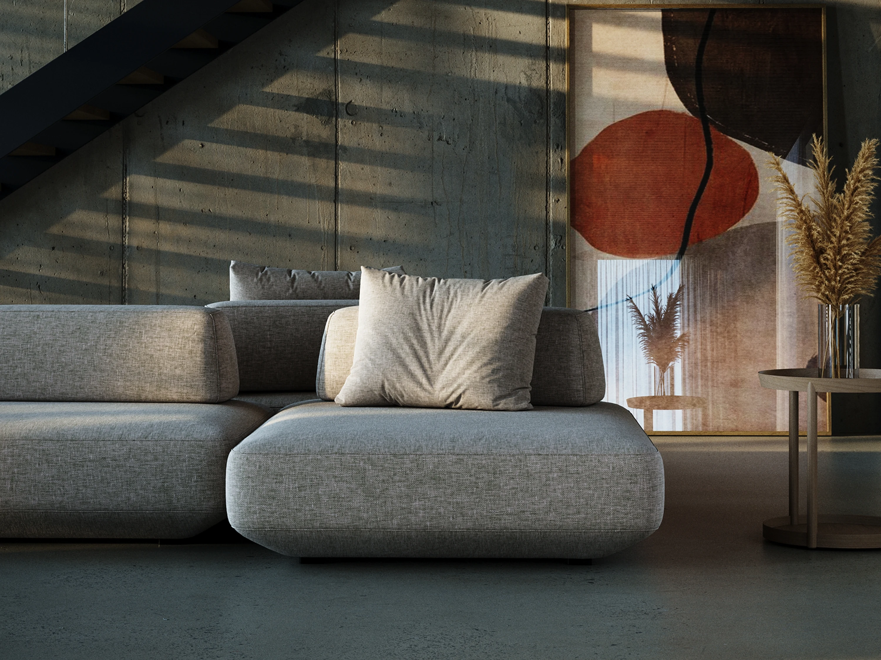 Salon — rangements bas intégrés et tapis à tissage plat.