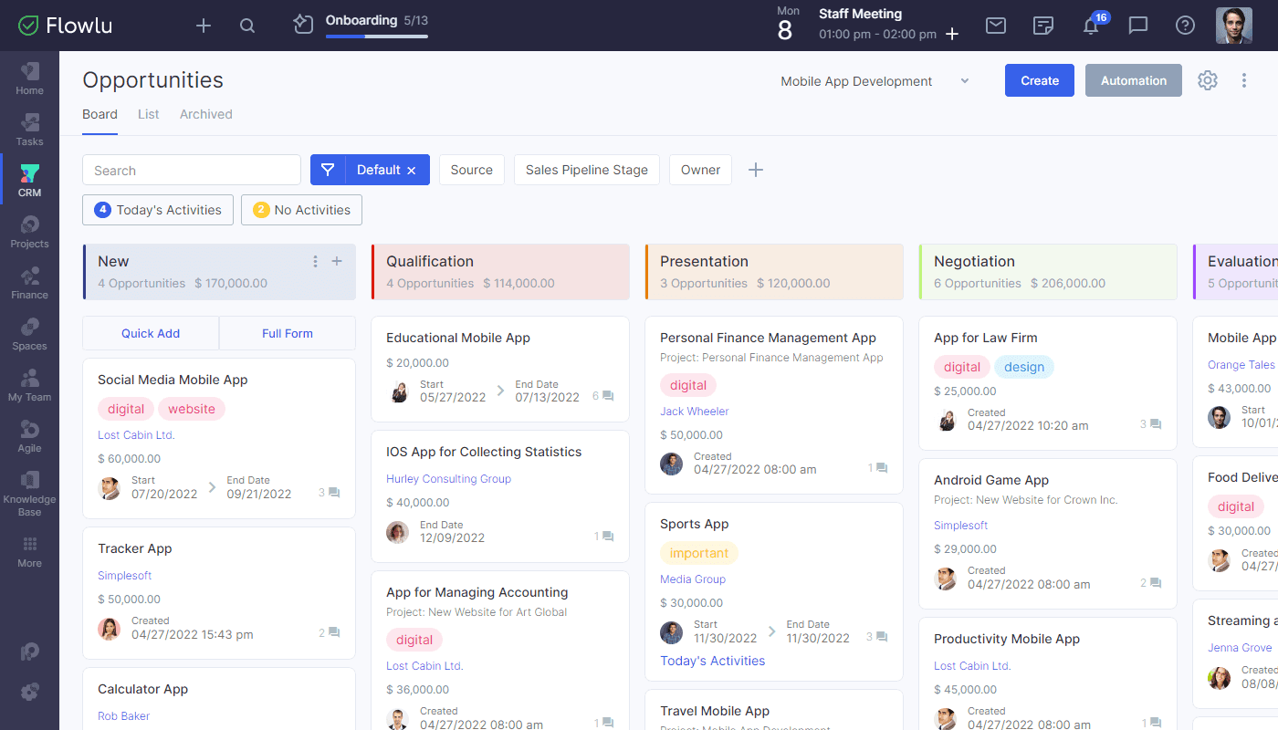 The product interface of Flowlu