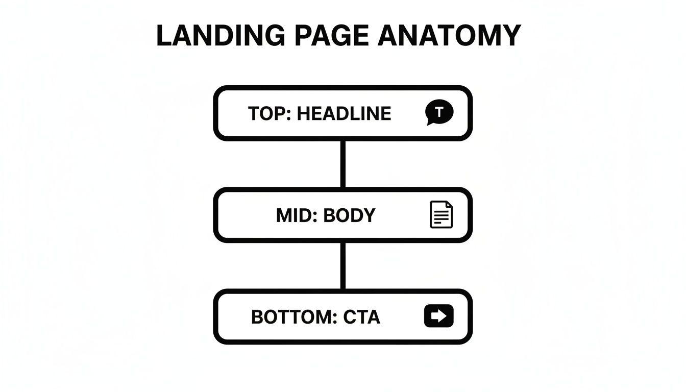 Diagram illustrating the anatomy of a landing page with headline, body, and call to action sections.