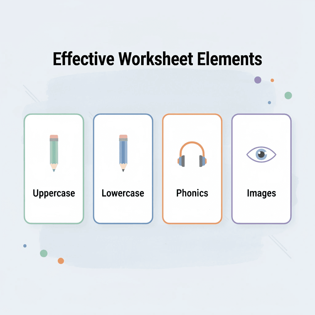 Four cards showing key elements of effective letter B worksheets - Letter B Worksheets Preschool
