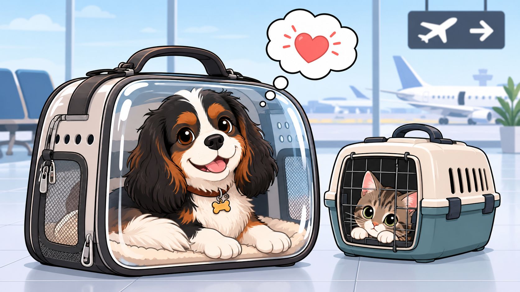 A puppy in a clear travel carrier and a kitten in a small crate at an airport.