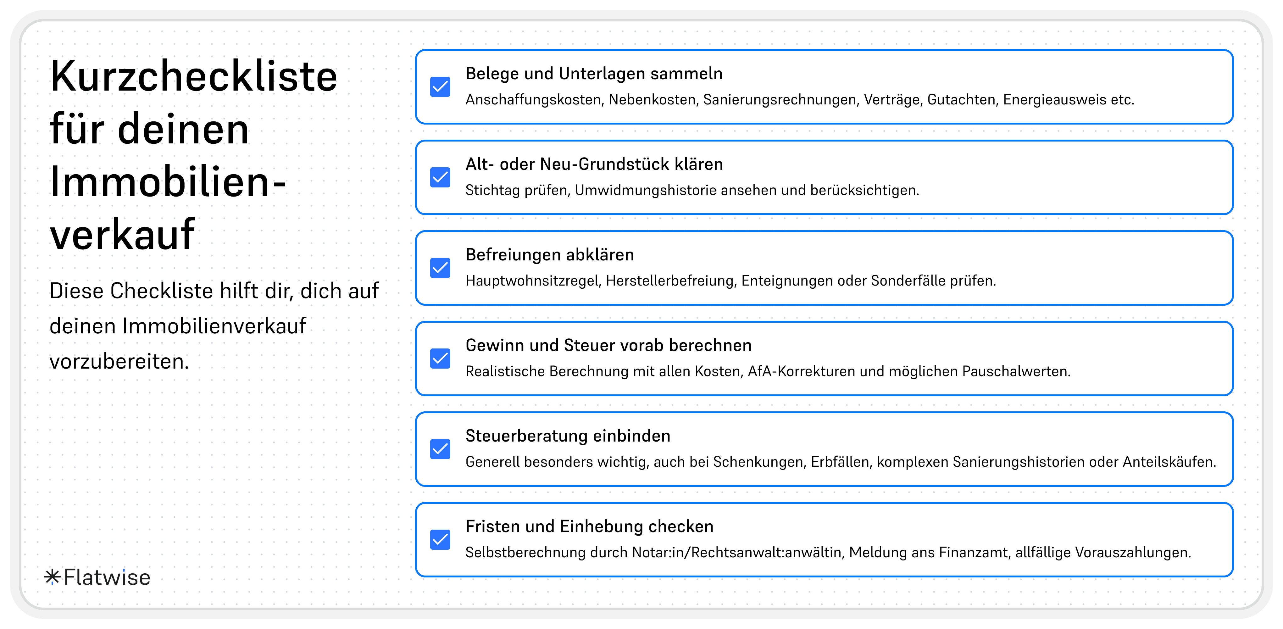 Die Infografik zeigt eine Kurzcheckliste für deinen Immobilienverkauf mit 6 Checklistenpunkten.
