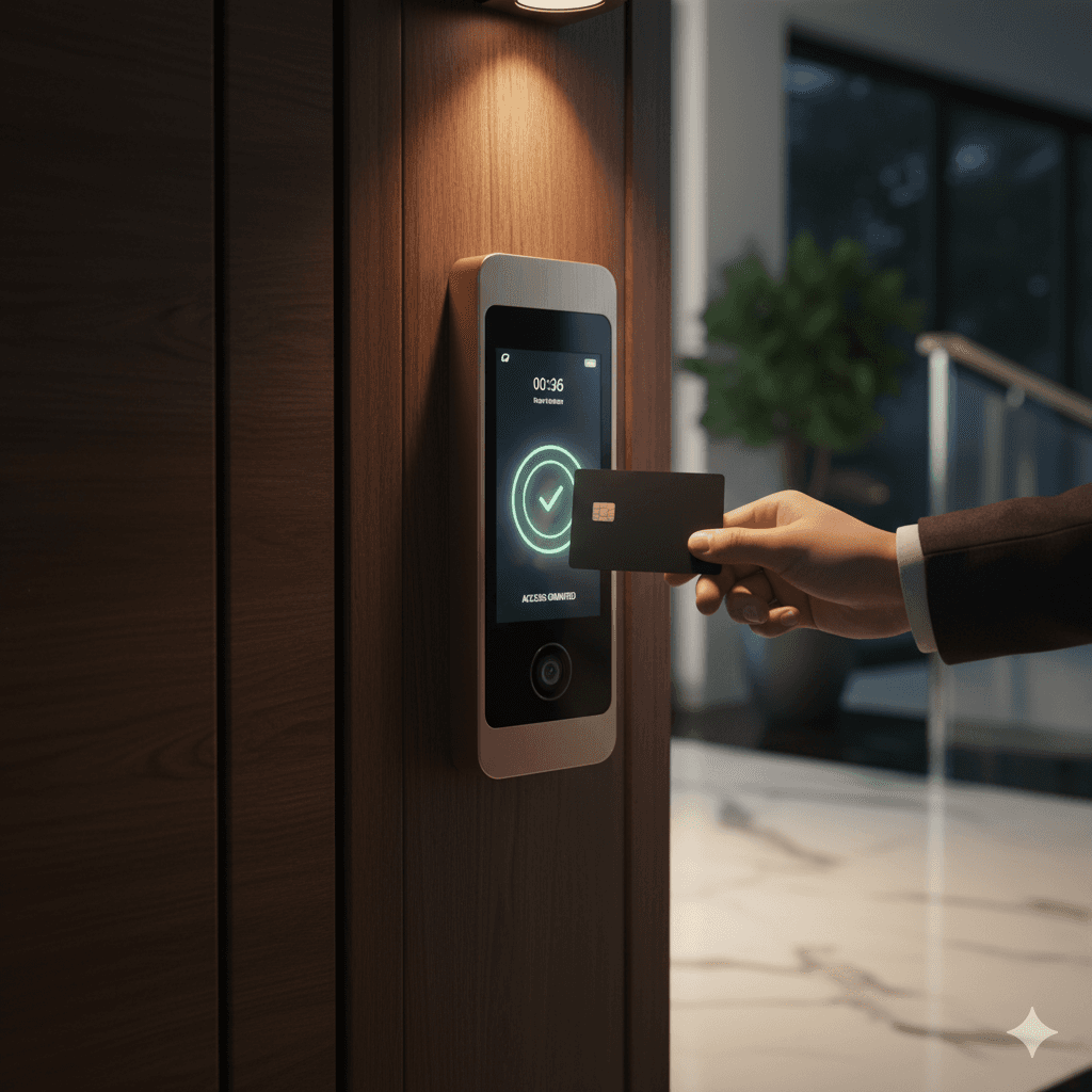 Modern smart card access system at the entrance of a secure M3M low-rise residence