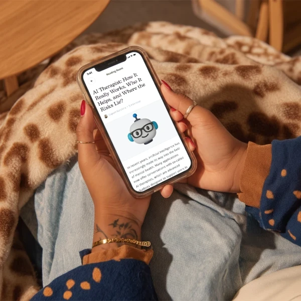 Phone displaying a Psychia AI therapist conversation