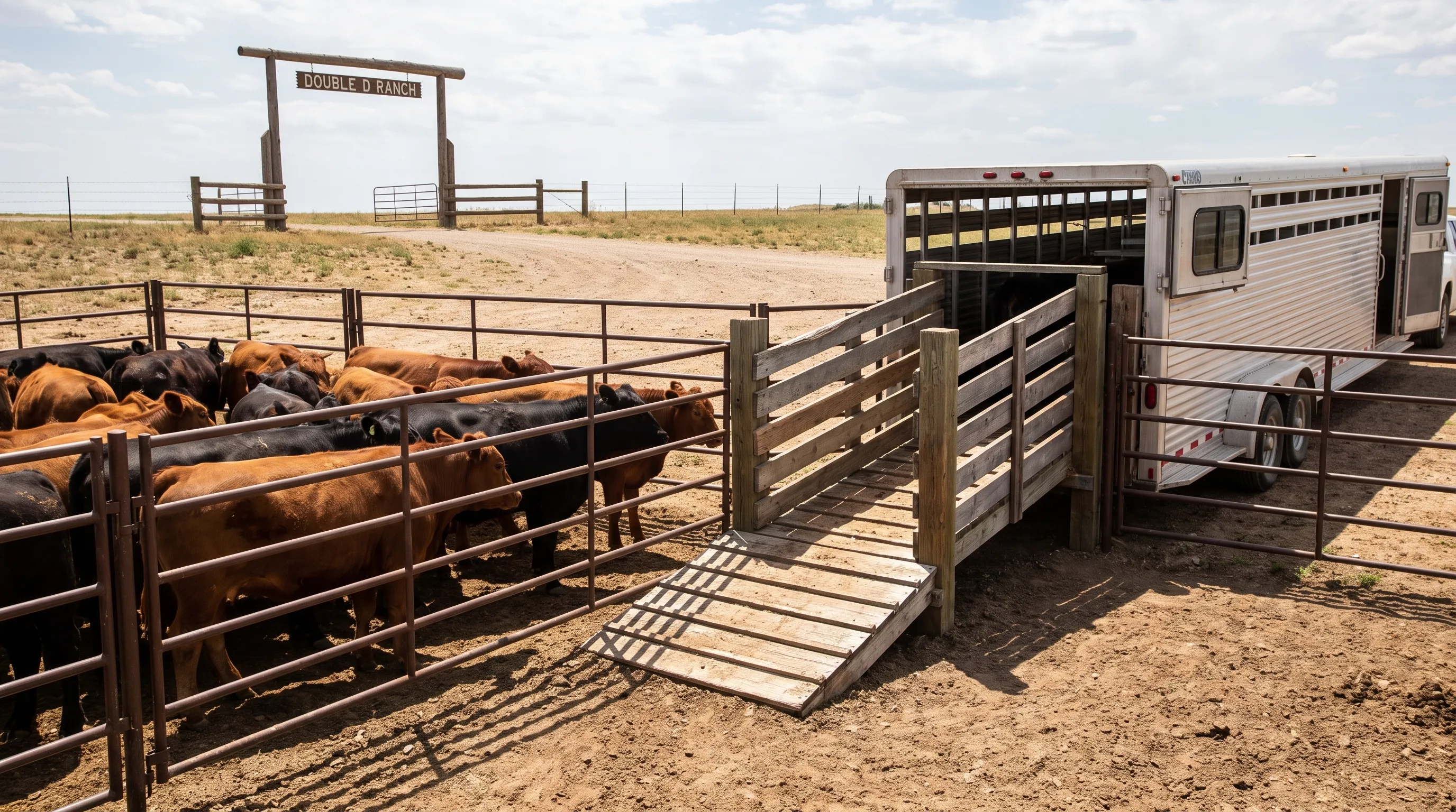 Cattle wait in a sorting pen beside a loading chute, with a livestock trailer positioned for loading and the ranch entrance beyond.