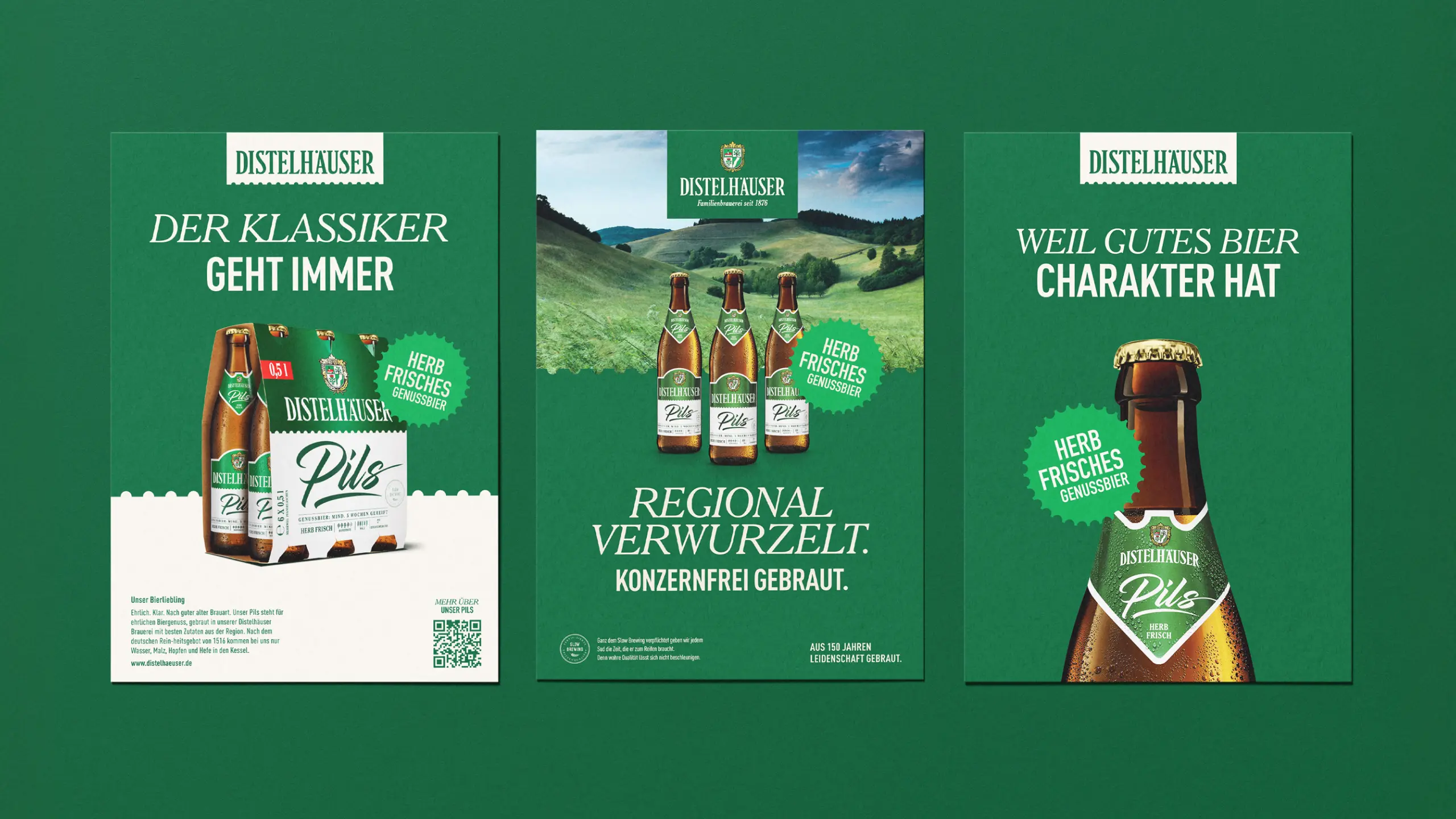 Drei grüne Plakatentwürfe für Distelhäuser Pils mit Flaschen, Landschaft und Werbeslogans