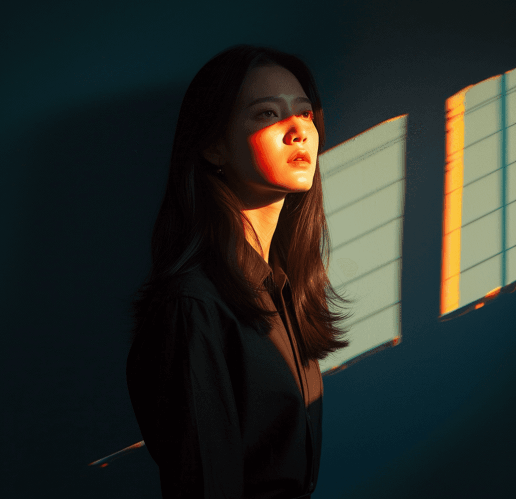 A woman stands by a window, sunlight illuminating her figure and casting soft shadows in the room.