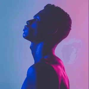 Portrait of a man, rose and blue background