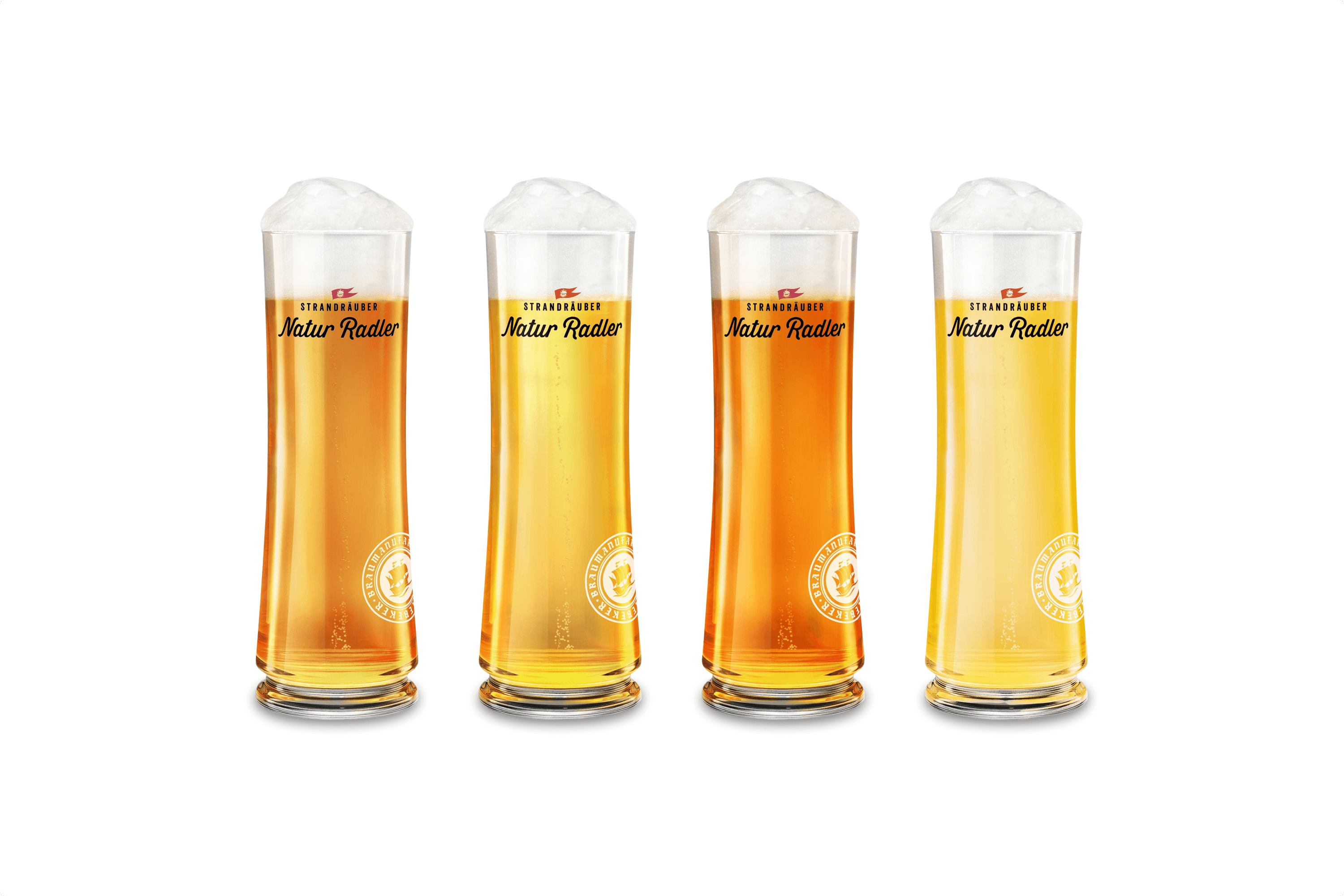 Four glasses of Radler beer with foam heads and logos.