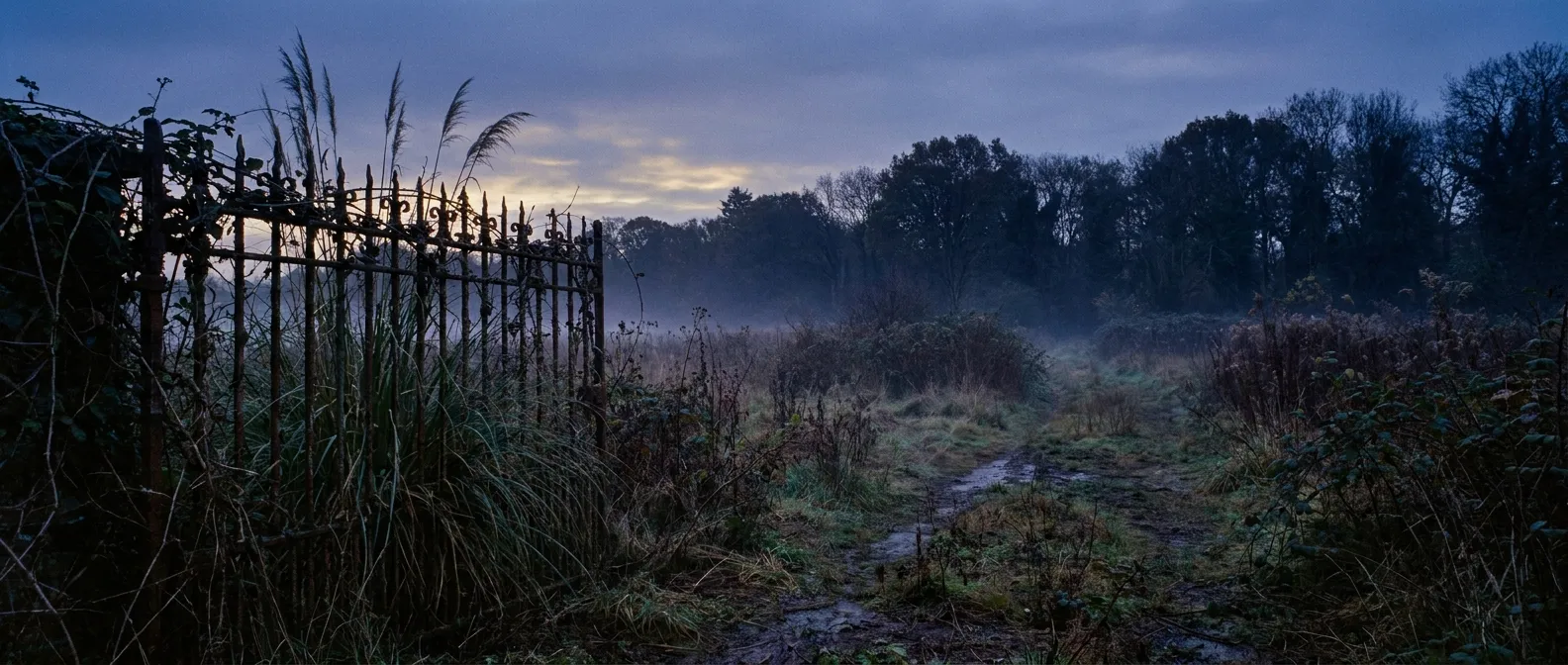 Misty field at dusk with an ornate fence; RockN' Socials Digital Marketing theme.