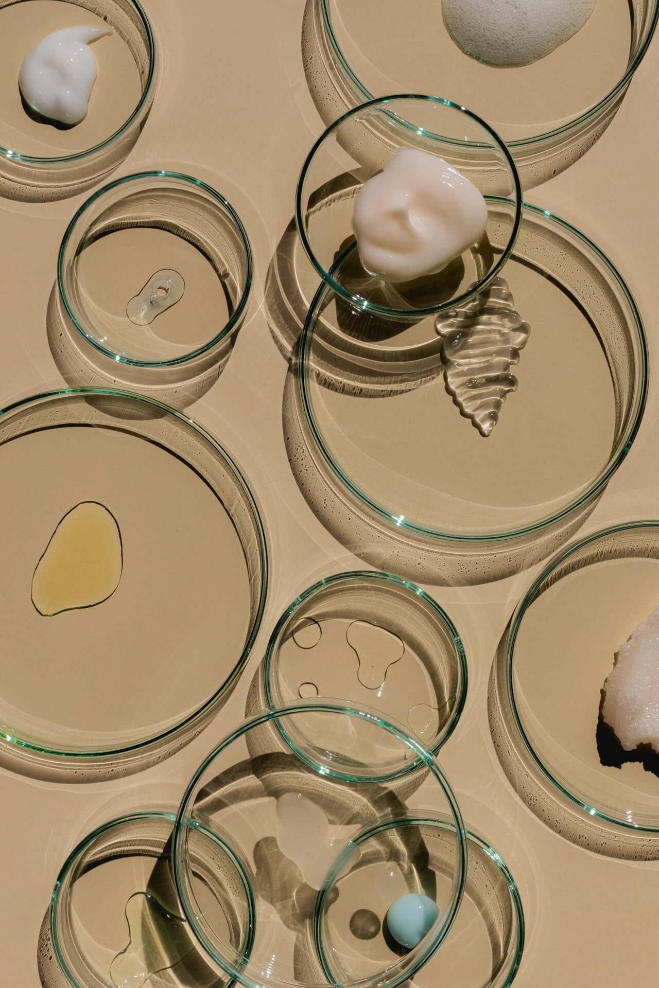 A range of different skincare products swatched on individual glass plates of differing sizes sitting on an orange countertop