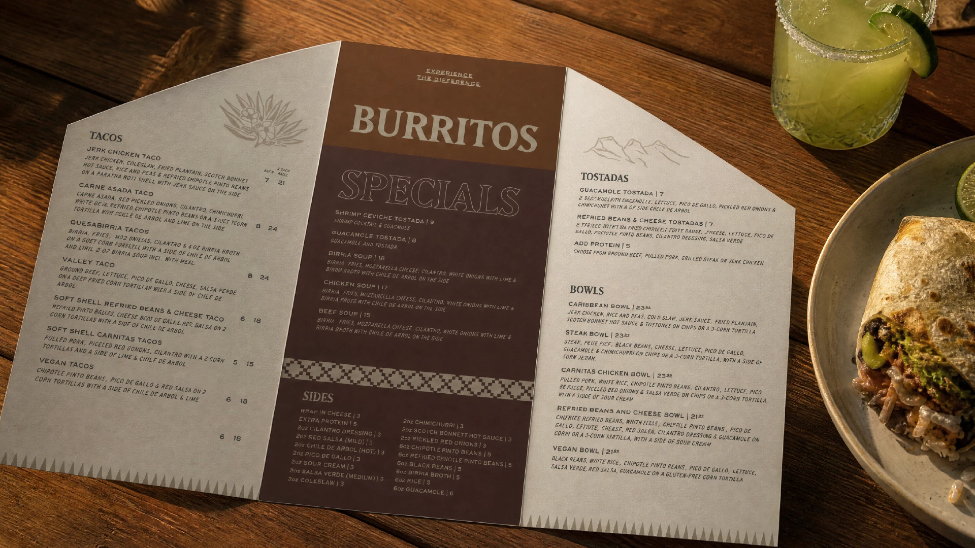 BertaBurritos restaurant menu featuring burritos, specials and Latin American-inspired dishes