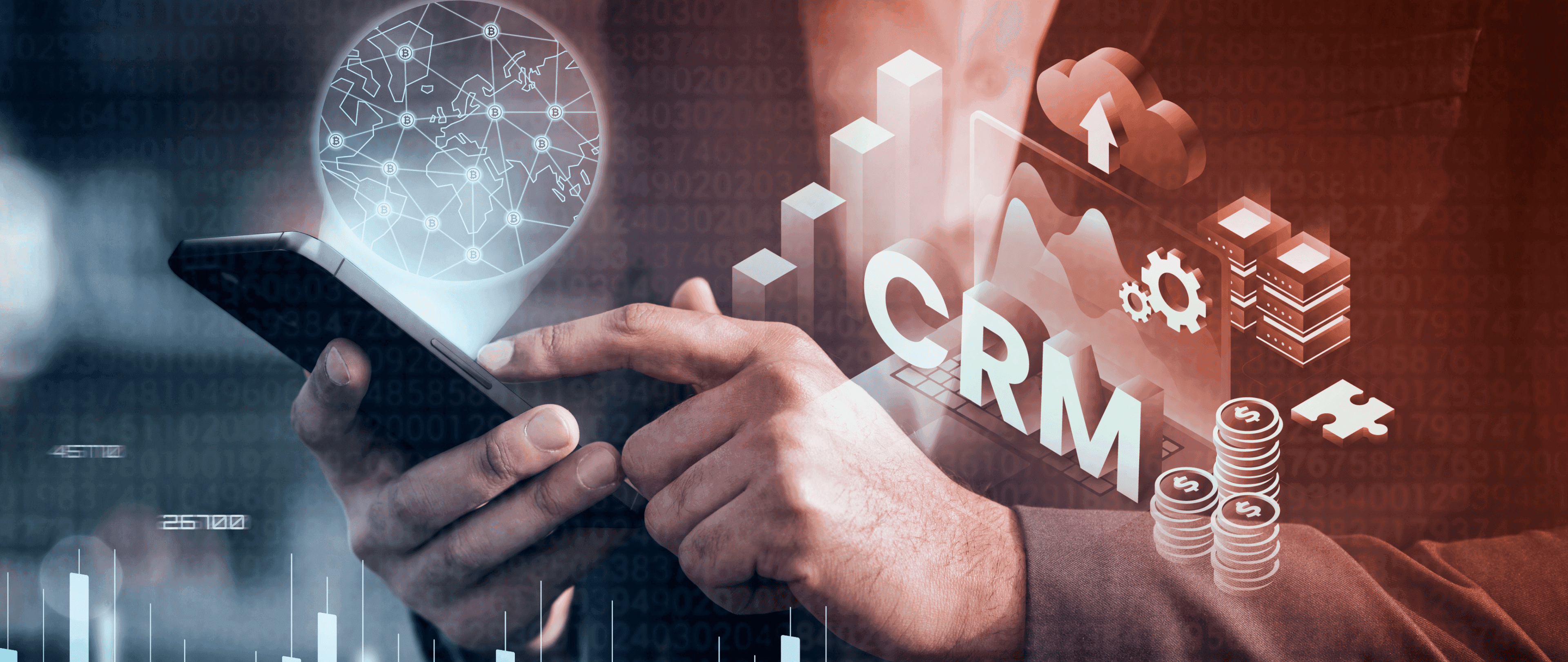 Person using a smartphone with digital customer network maps and CRM icons, illustrating how integrating AML insights with CRM systems creates a future-ready approach to risk and customer management.