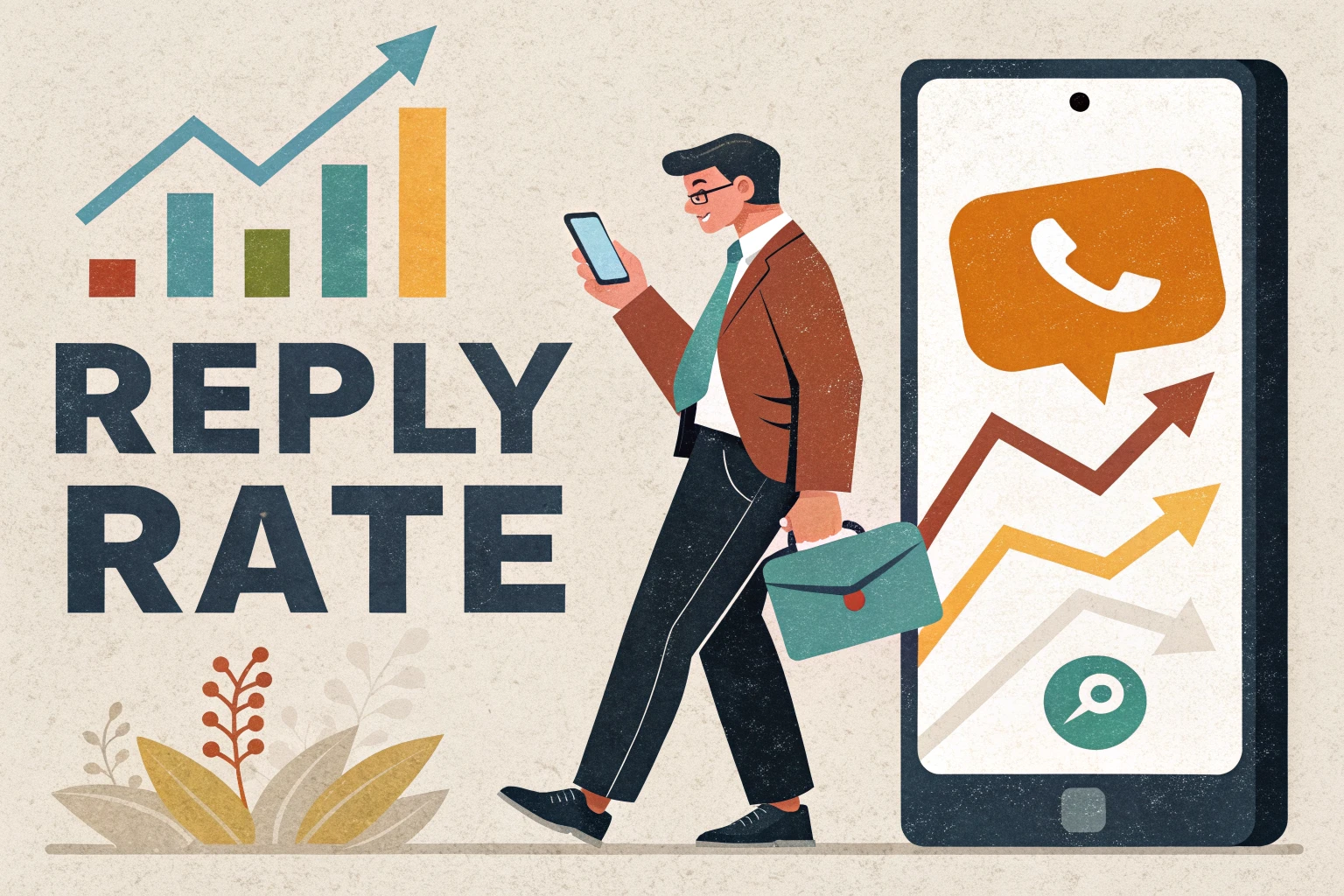 Business professional checking a reply on a LinkedIn messaging smartphone with an upward reply rate bar chart, flat editorial vector illustration in orange, teal and black