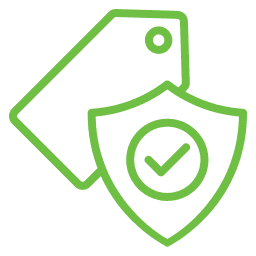 Icône verte d’une étiquette et d’un bouclier avec une coche, représentant la garantie offerte par Pelouse Men Paysagement.