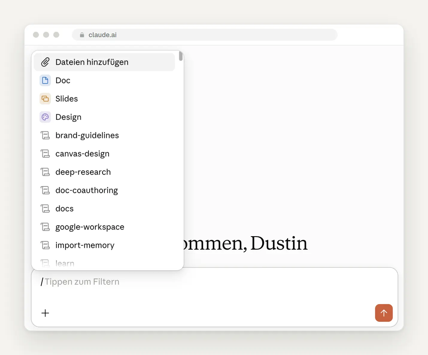 Schrägstrich-Menü in Claude mit Doc, Slides, Design und Skills