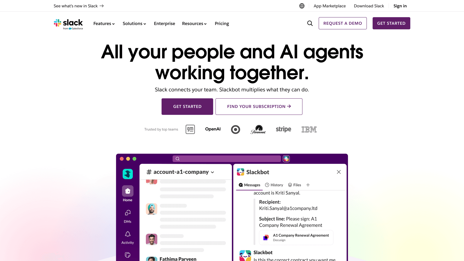 Slack homepage with the all your people and AI agents working together hero