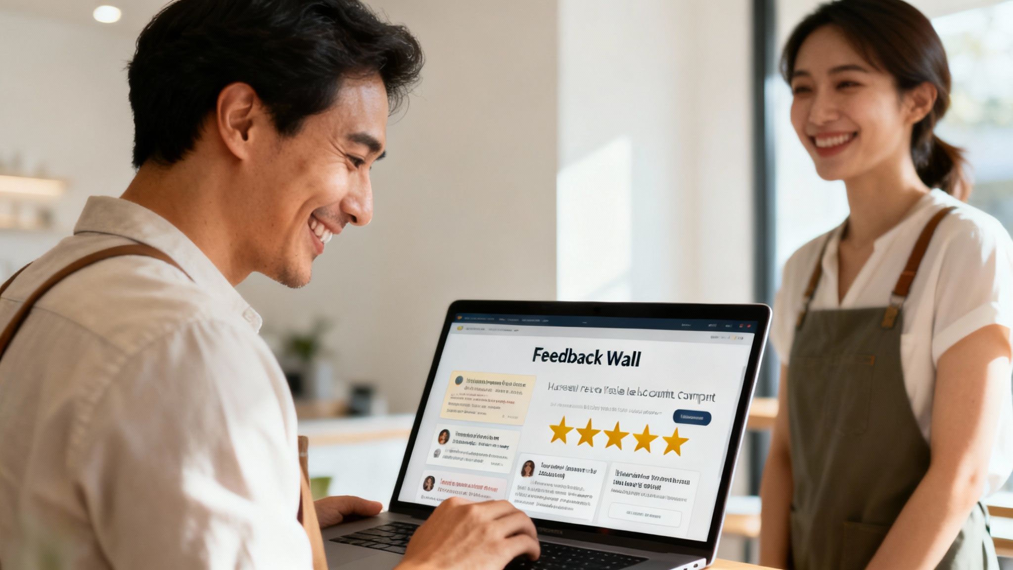 Smiling man checks customer feedback on a laptop in a cafe, while a smiling woman in an apron stands nearby.