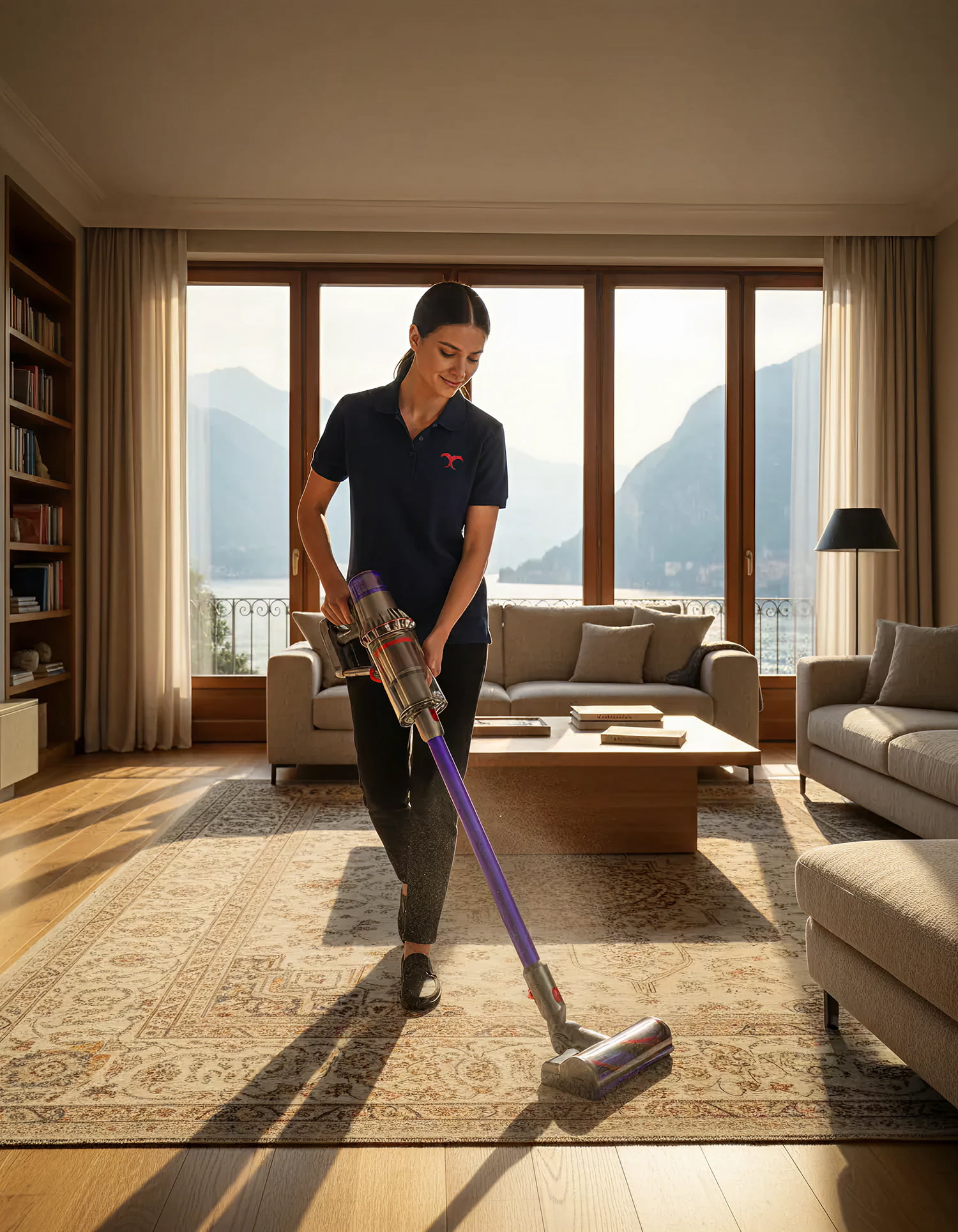 Addetta alle pulizie aspira un tappeto in soggiorno con vista lago