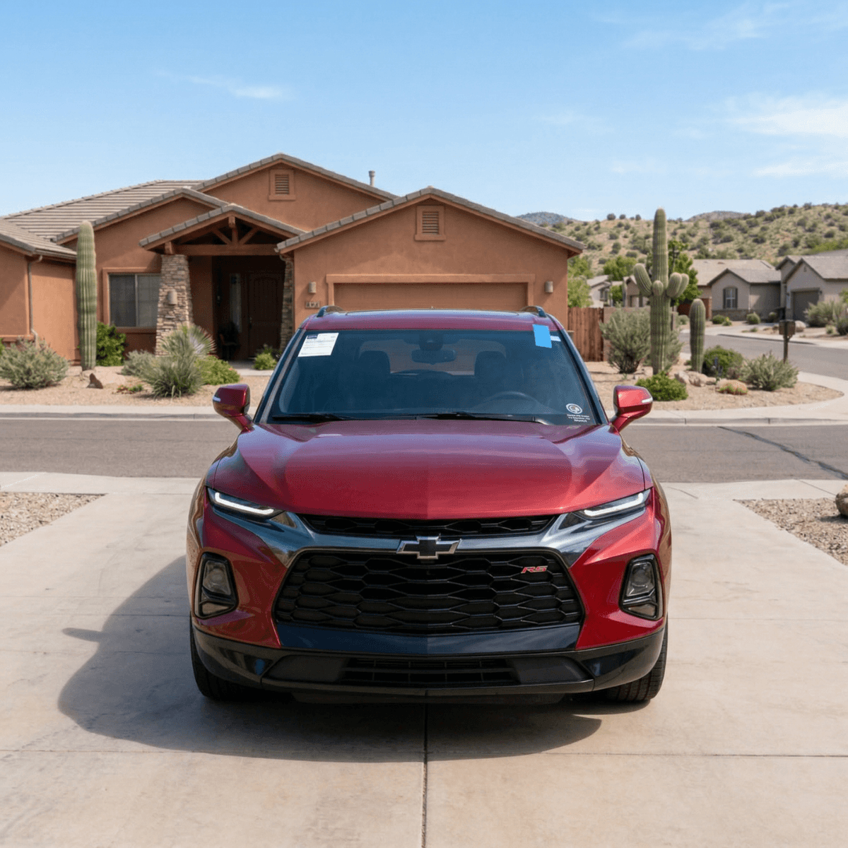 Red Chevrolet Blazer RS with a sharp new windshield installed in a Kingman, Arizona neighborhood