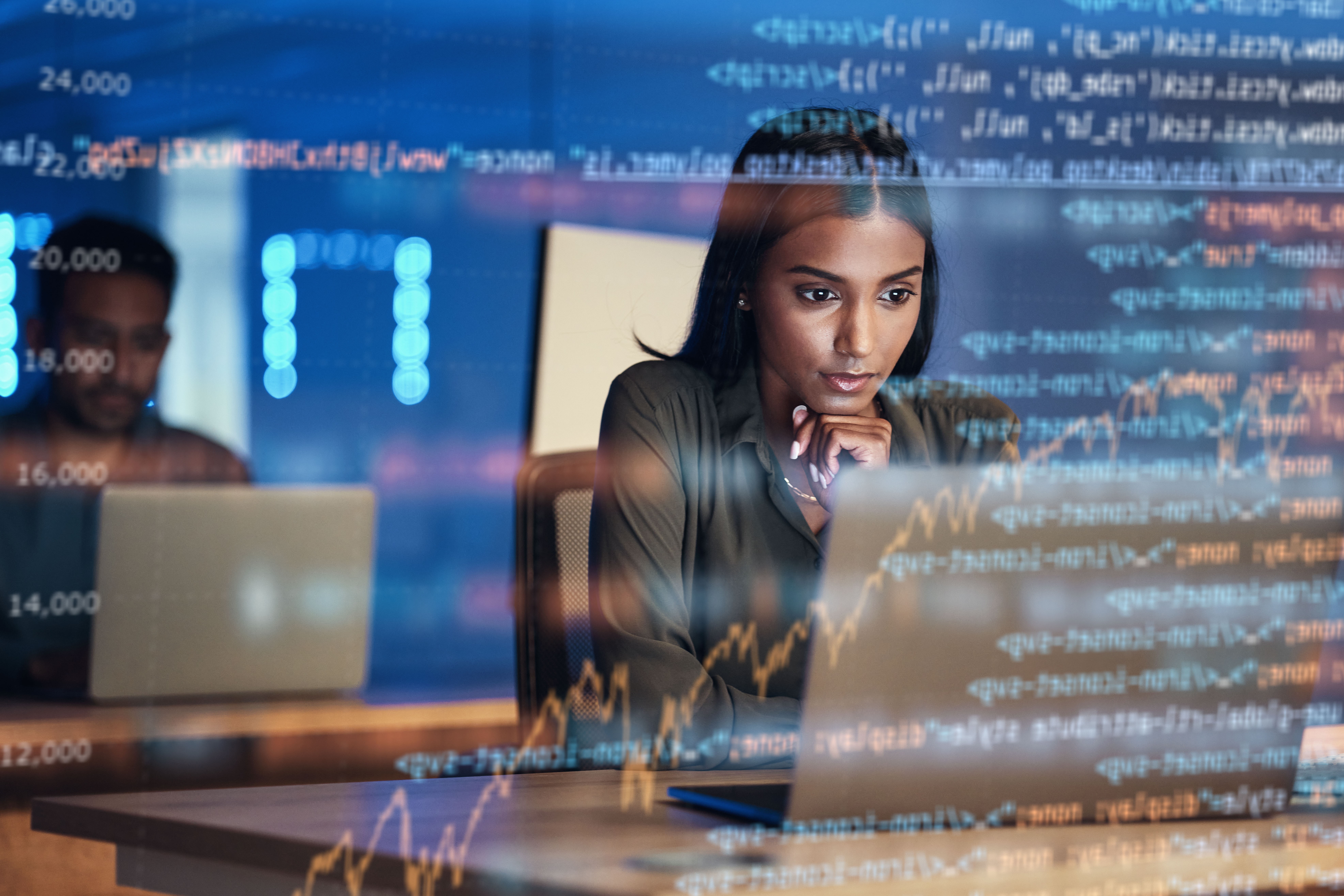  woman thinking of data analytics, information technology 
