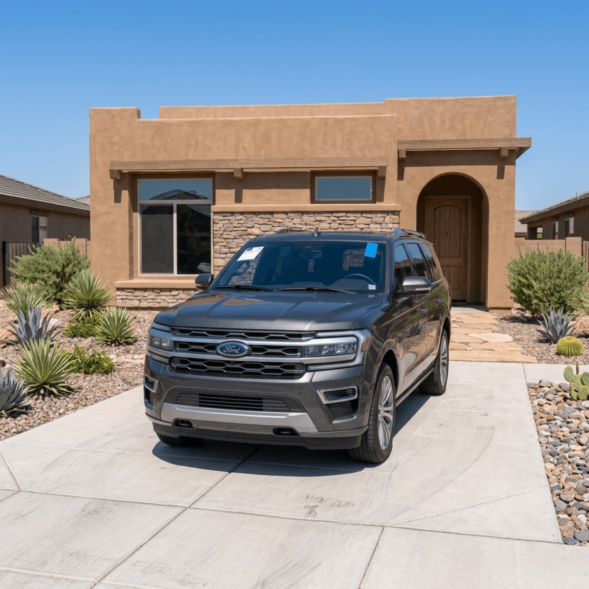 Gray Ford Expedition parked near a stucco El Mirage, AZ home with a brand new windshield in place