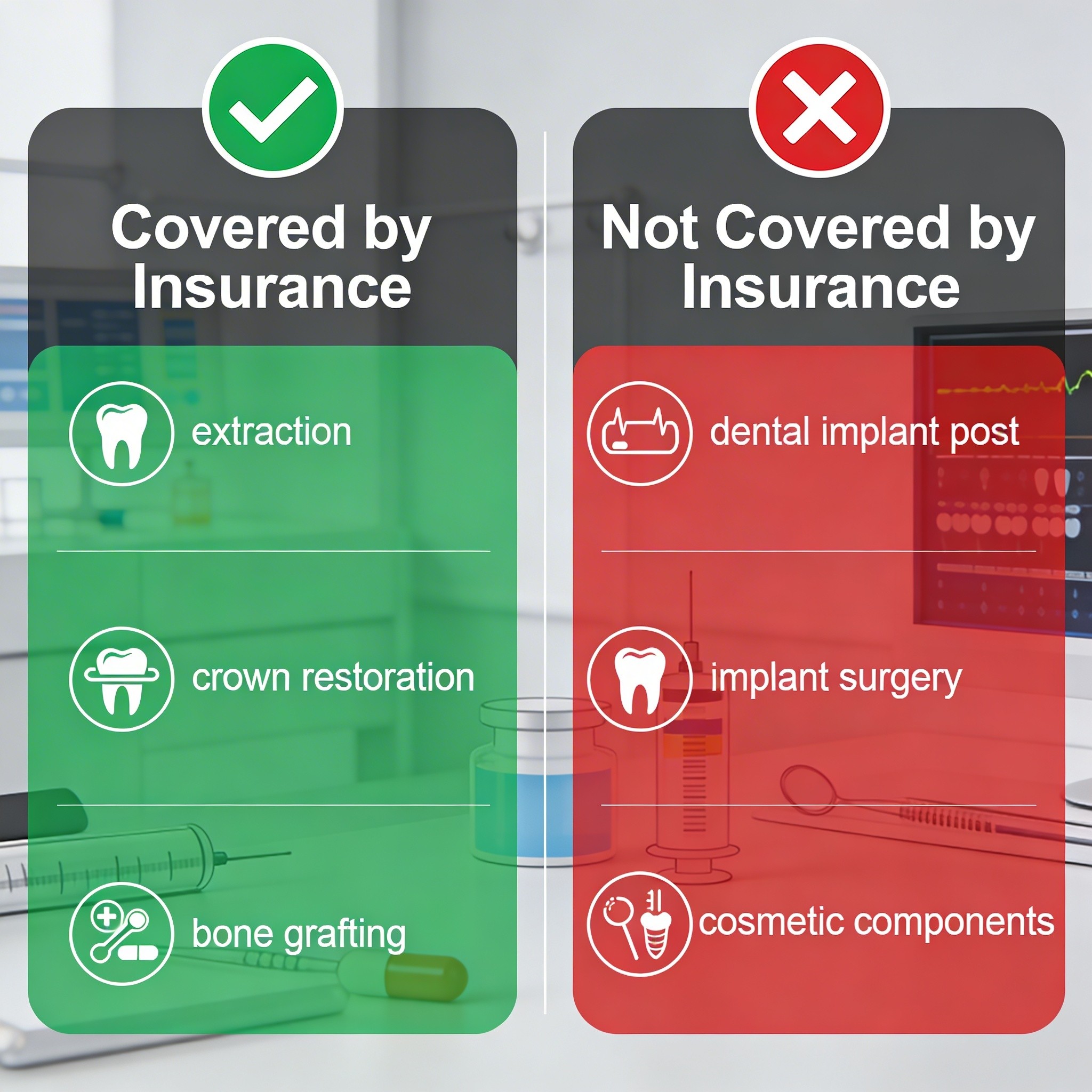 Medical illustration showing which implant procedures are covered by insurance versus those not covered