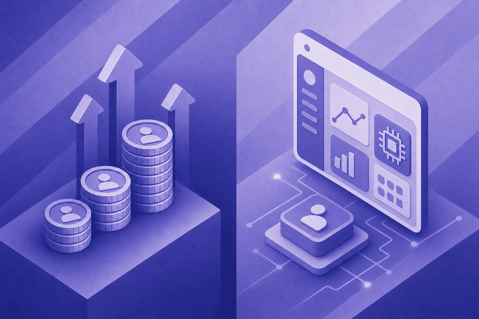 A professional comparison illustration showing two side-by-side representations: on the left, a stack of coins or money symbols representing traditional employment costs with upward arrows indicating ongoing expenses; on the right, a sleek digital dashboard or circuit pattern representing AI software subscription with a flat or minimal cost indicator. Use a clean, modern business style with blue and white color scheme. The illustration should convey cost efficiency and automation without any text, words, or letters. Isometric or semi-flat design style with subtle gradient effects.
