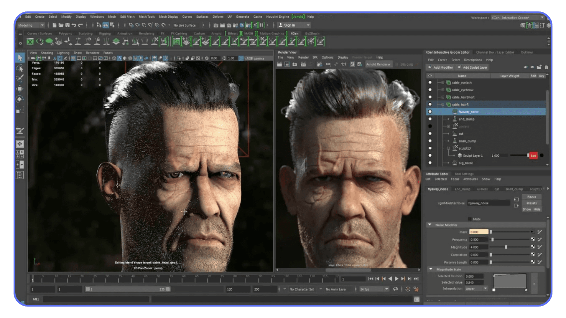 Autodesk Maya viewport showing a detailed male character head model with realistic lighting and texture comparison between render and preview.