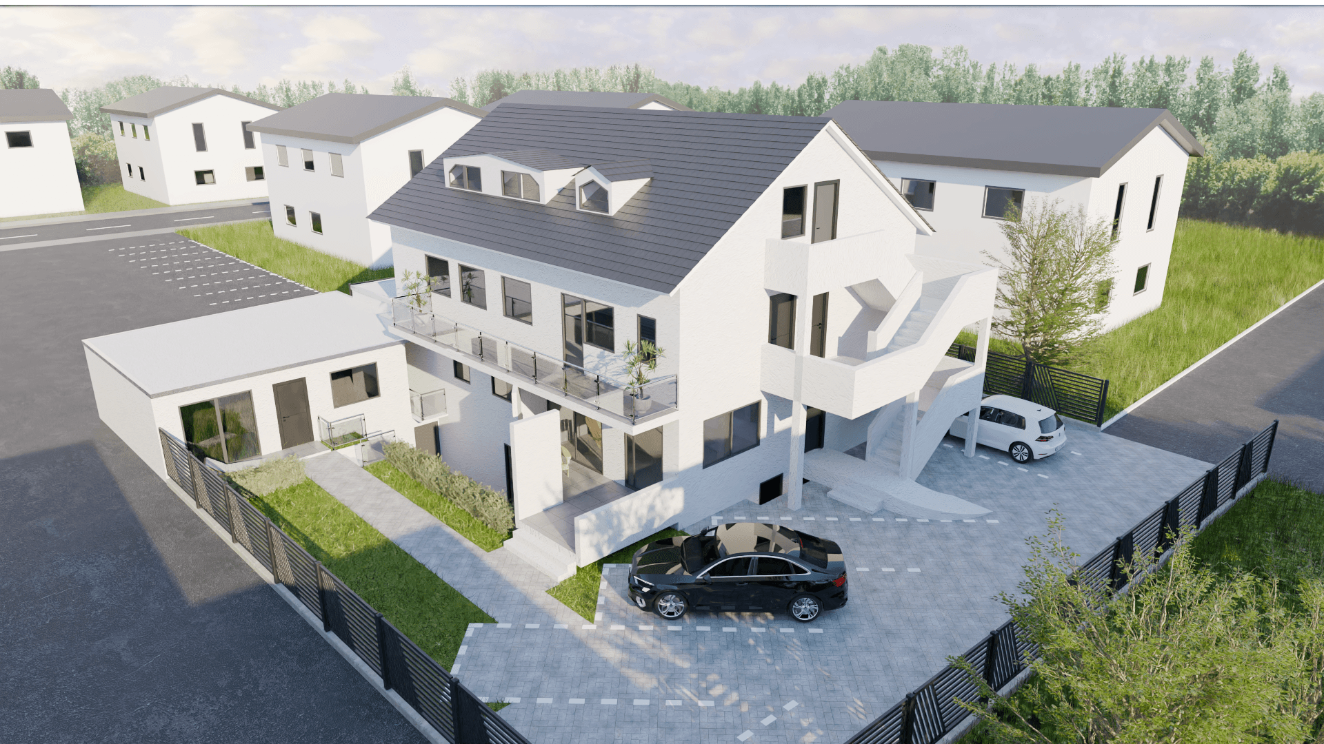 3D-Rendering des sanierten Wohnbauprojekts Petrastrasse 10 aus der Vogelperspektive