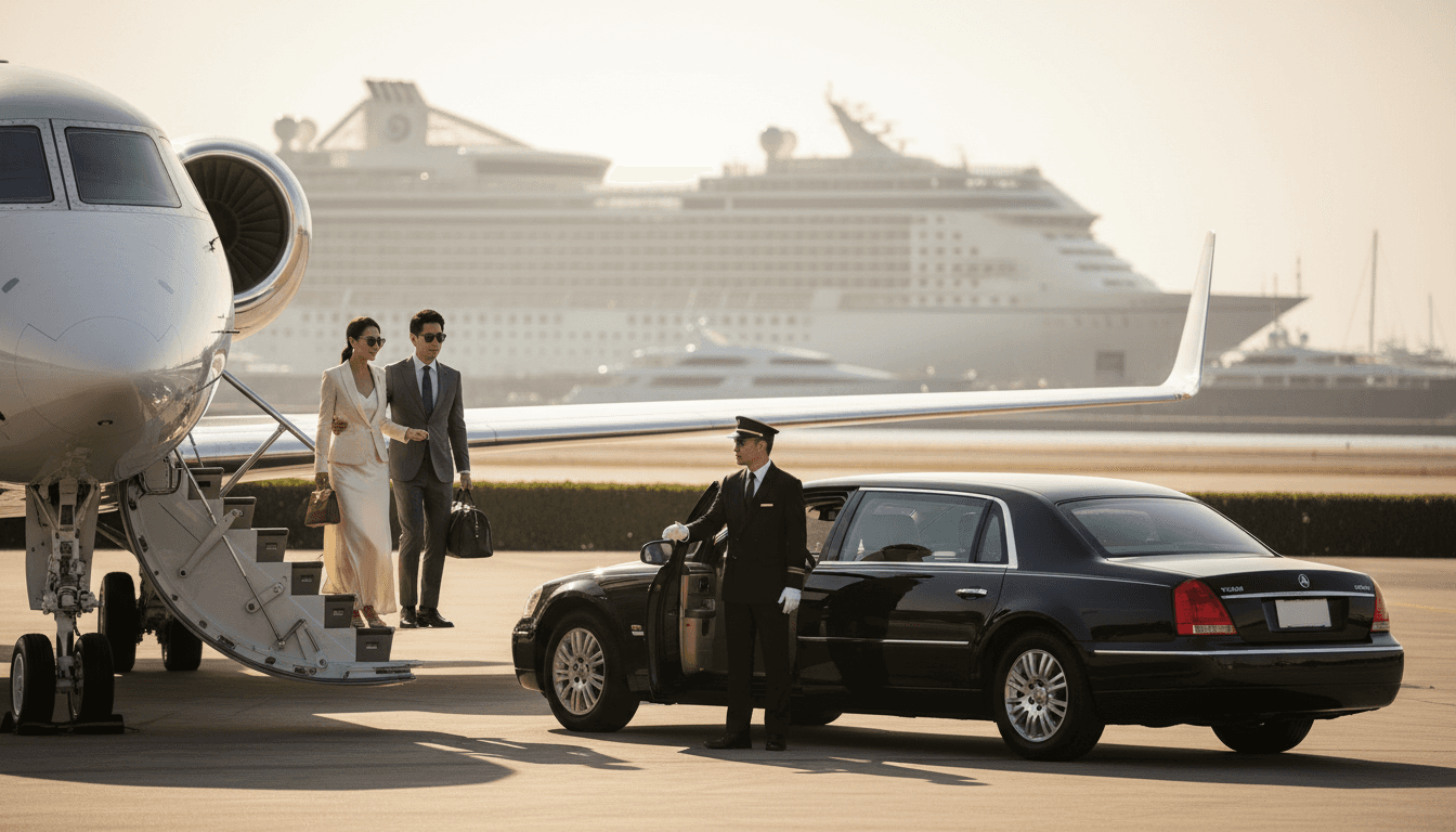 Elegantly dressed travelers stepping from a private jet into a chauffeured car bound for the cruise terminal — the airport-to-pier fly-cruise transfer