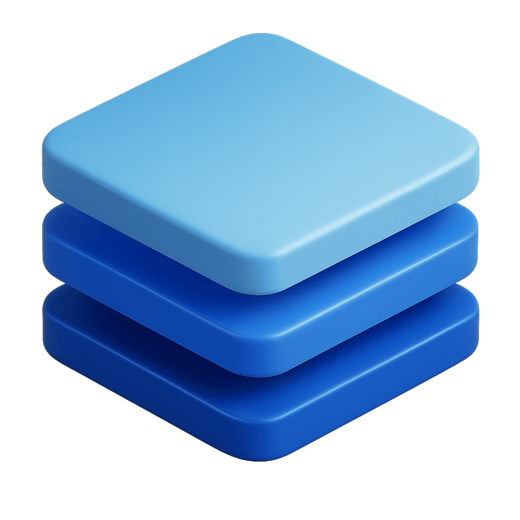 3D shapes in three blocks of squares in blue shades.