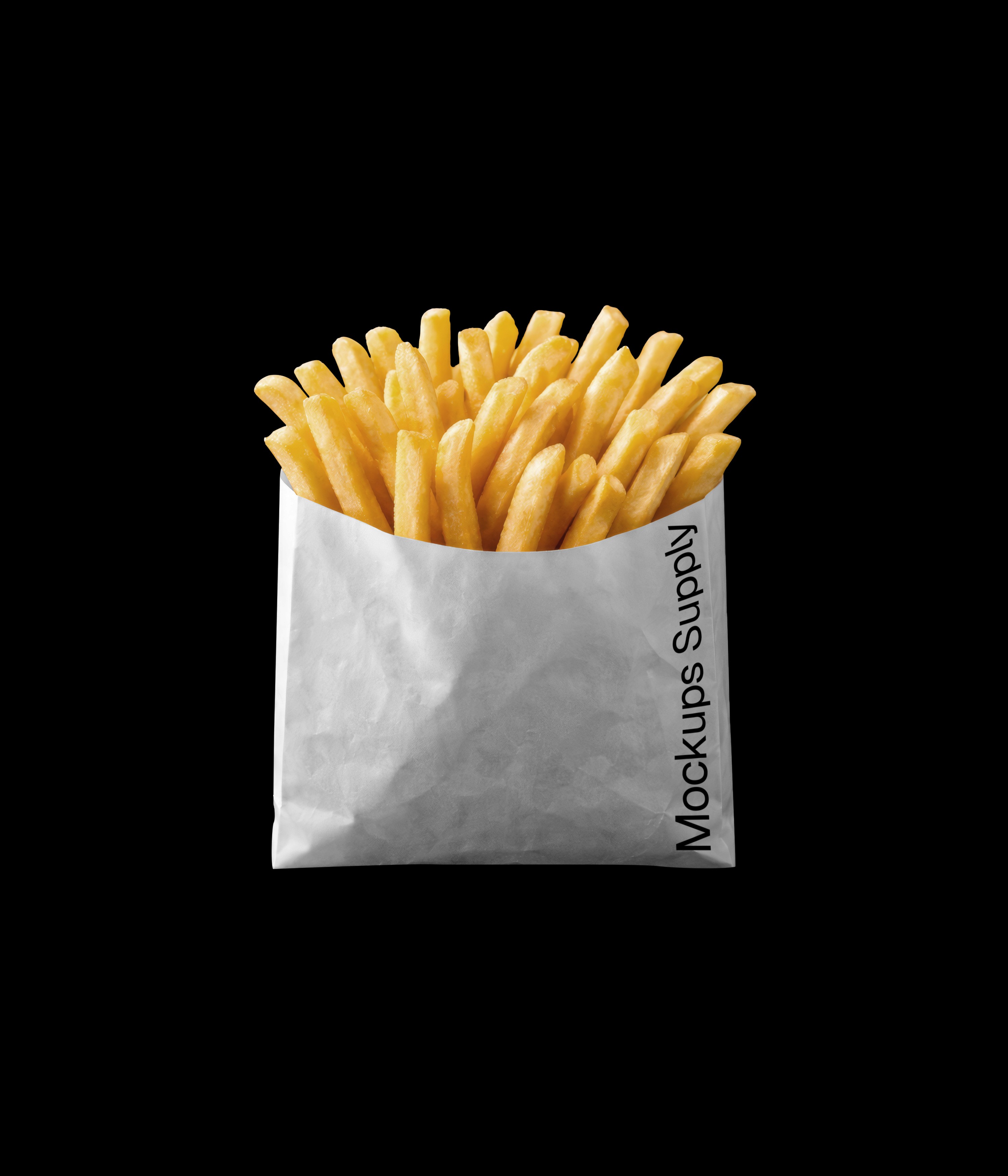 French fries in paper bag mockup with editable design on white background photoshop PSD template for fast food branding
