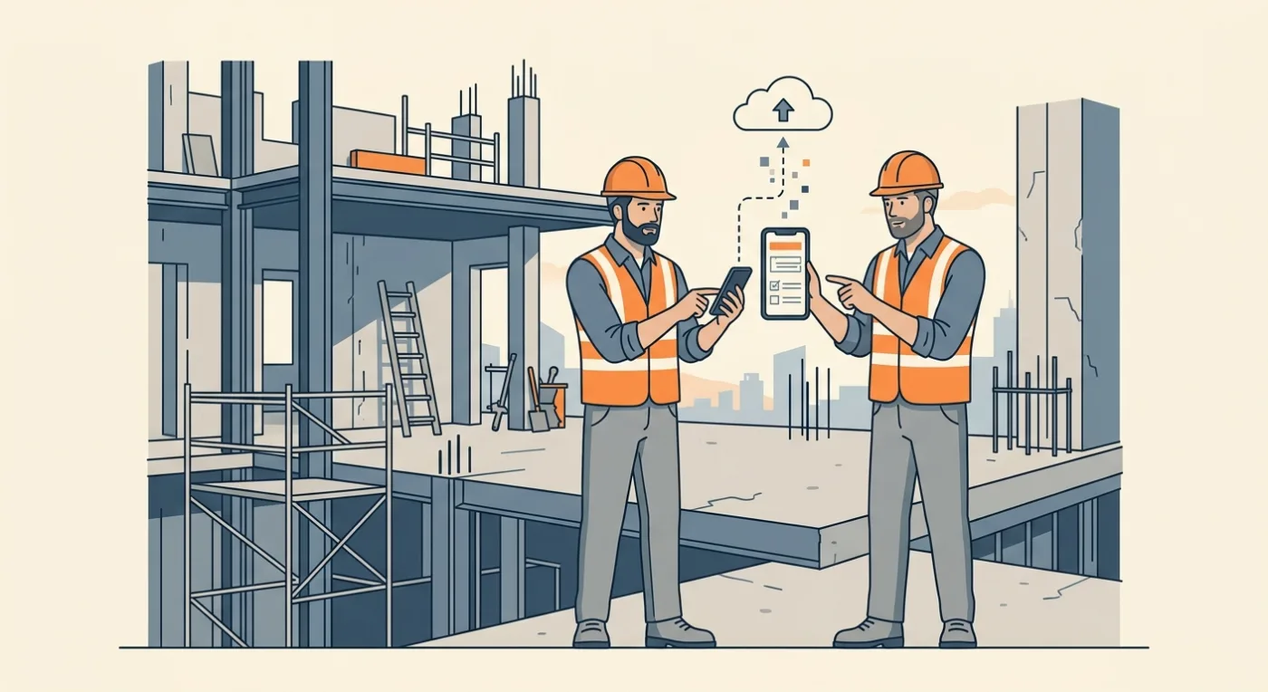 Construction foreman completing a mobile app form on site with data syncing to the cloud