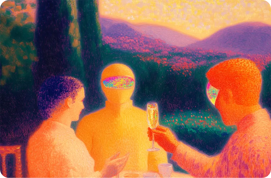 Illustration av tre personer som skålar utomhus med en astronaut i mitten, abstrakt målad stil