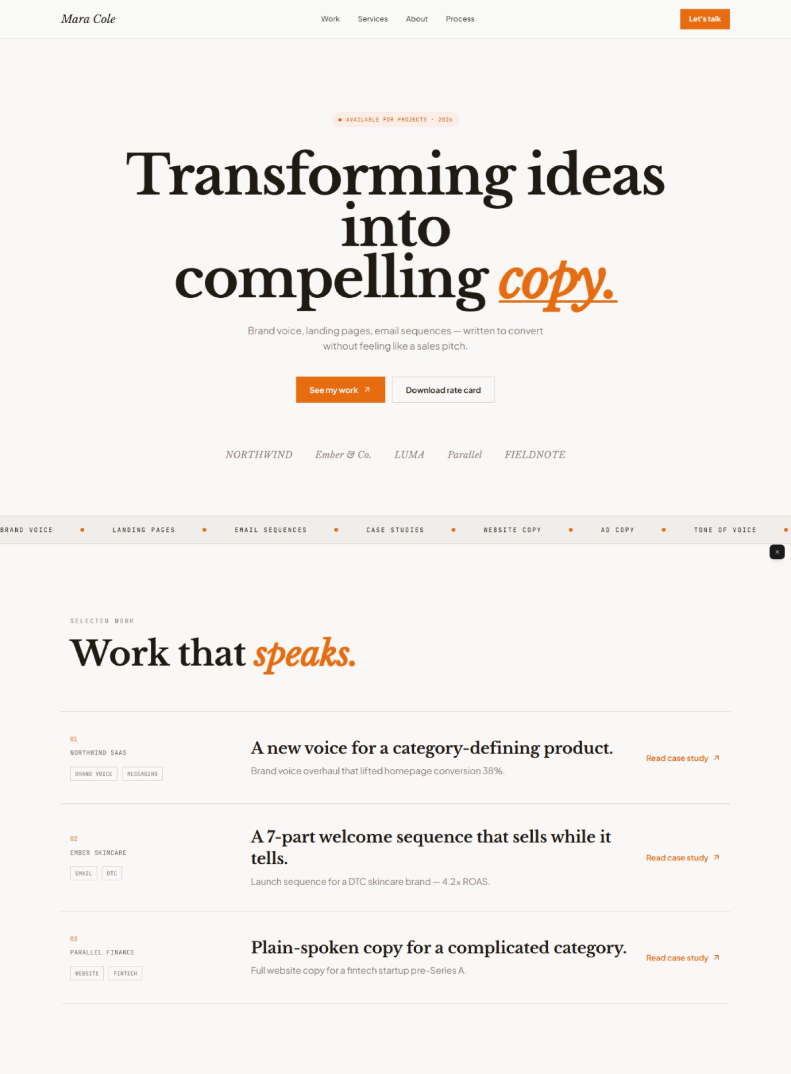 Copywriter website prompt — warm off-white and orange editorial copywriter portfolio design preview