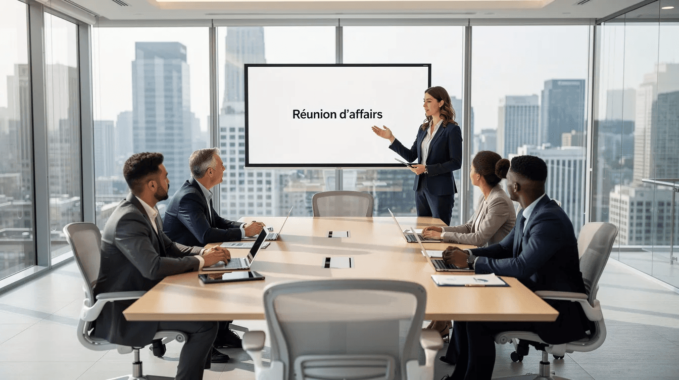 Une réunion d'affaires professionnelle se déroule dans un bureau moderne, où des entrepreneurs discutent de la création d'une société en Irlande. L'environnement est dynamique, avec des documents et des ordinateurs portables sur la table, reflétant l'importance de la mise à jour des projets d'entreprise.