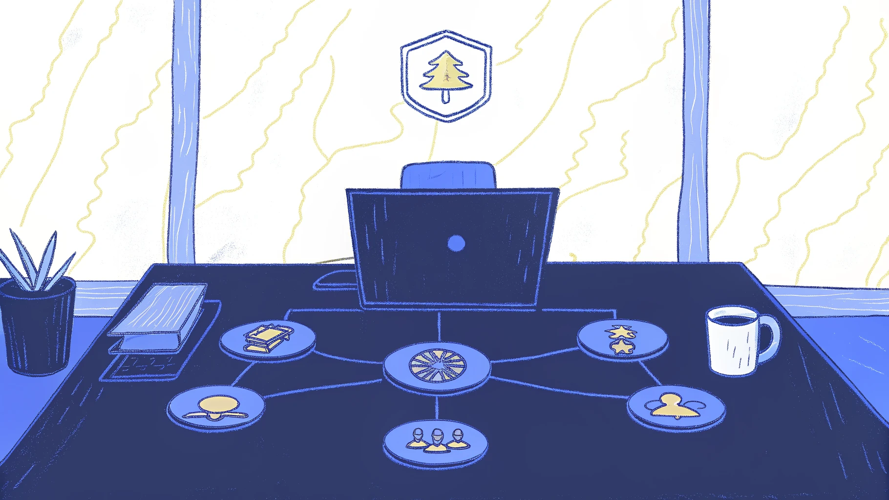 Executive desk with AI leadership org chart, governance icons, and strategy compass