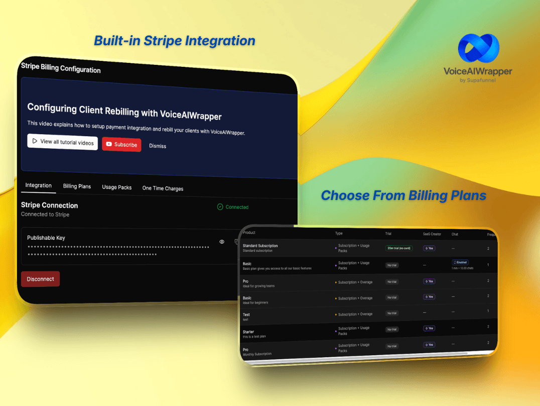 Split feature with Stripe auto-billing and usage markup, flexible subscription overage and usage plans, and direct bank payments with zero margin sharing | VoiceAIWrapper.