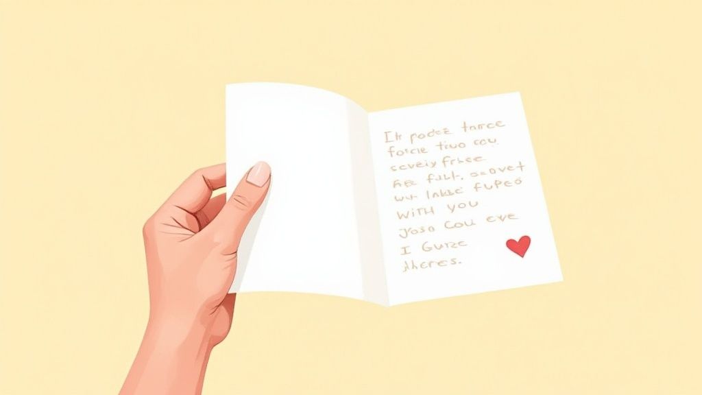 Hand holding open greeting card with handwritten peer recognition message and red heart illustration