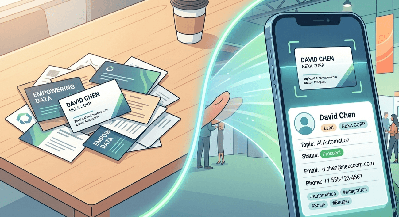 Transition from paper business cards to digital contact capture using an AI-powered scanner.
