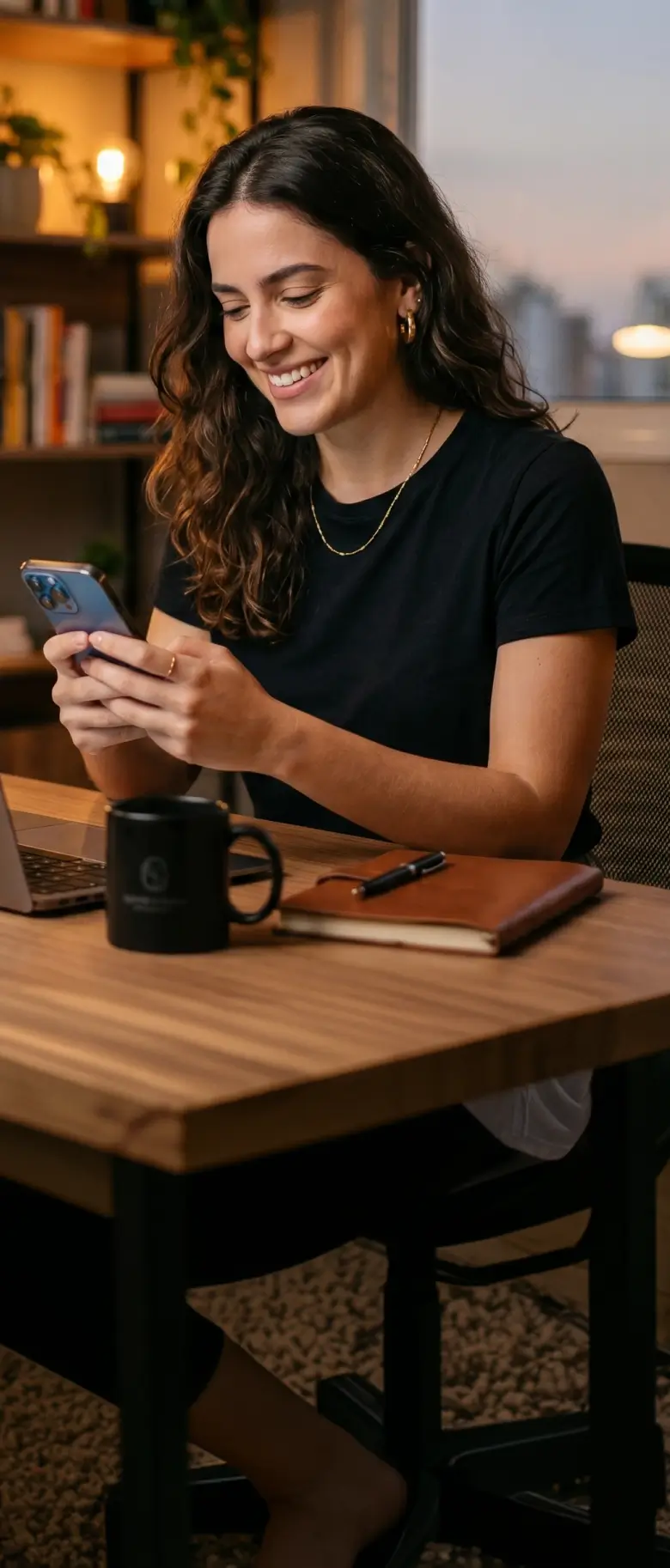 Mulher alegre vendo que conseguiu vender pelo seu celular