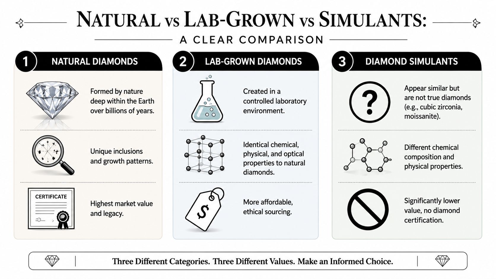An infographic comparing natural diamonds, lab-grown diamonds, and diamond simulants, detailing their origins, properties, and market value.