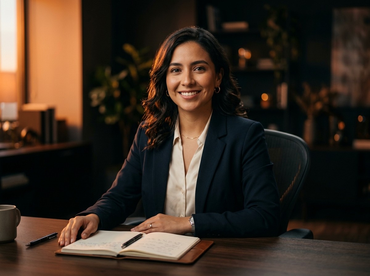 Woman in suit at desk with notebook smiling