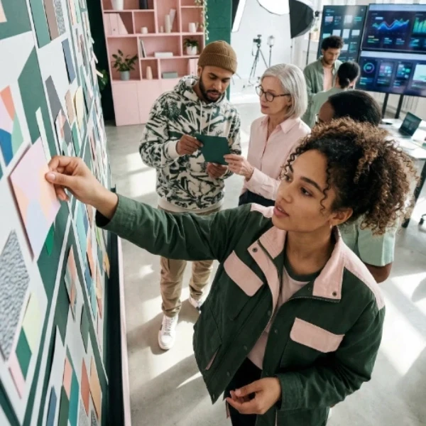 Session de travail collaboratif autour d'un moodboard physique, illustrant notre expertise en "Conseil et stratégie de marque" pour réaliser un benchmark et une veille sectorielle approfondie afin de différencier nos clients