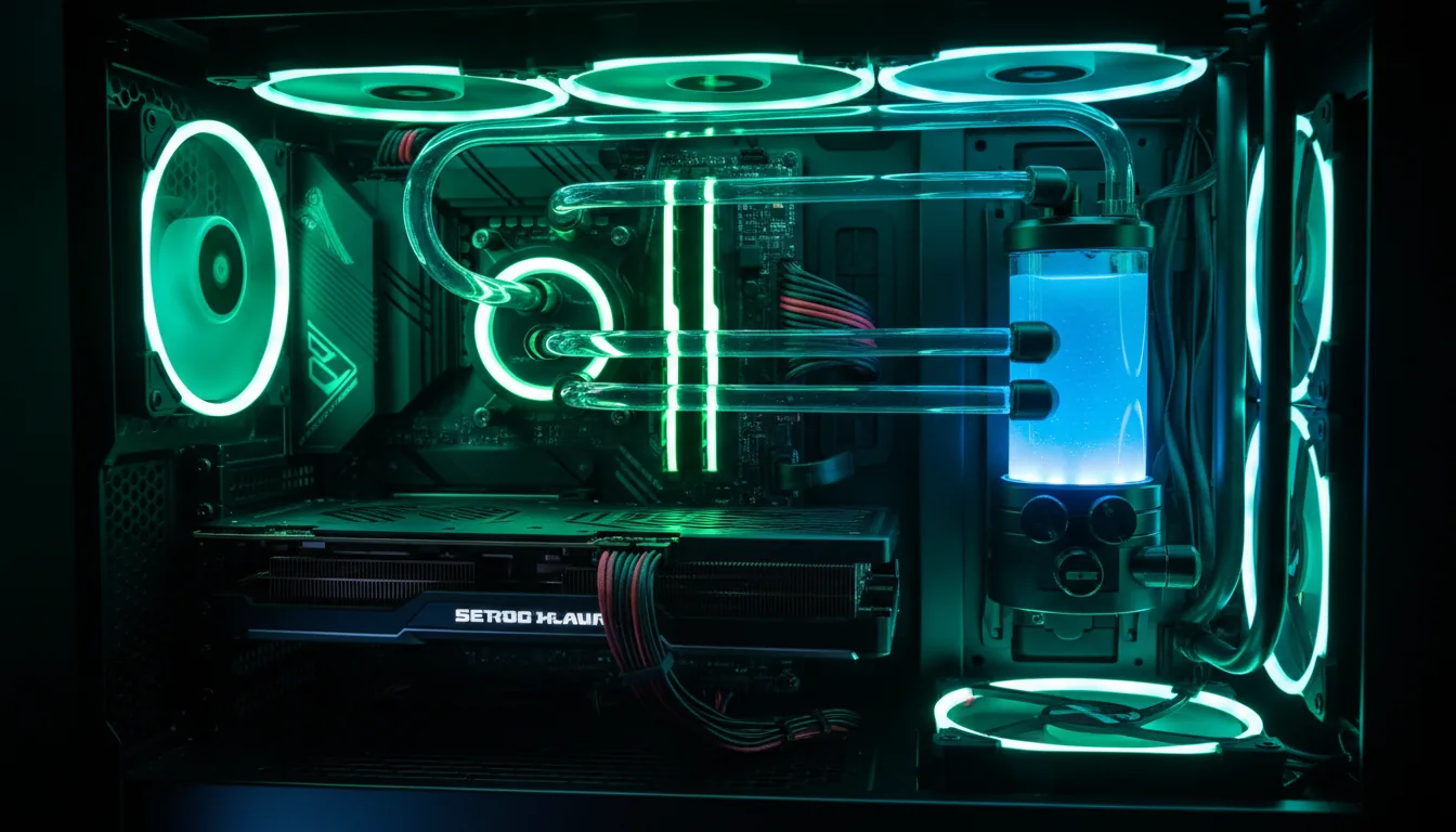 DSLR close-up photograph of the interior of a high-end architect workstation PC, featuring a custom hardline liquid cooling system with transparent tubes and a glowing blue coolant reservoir. The case is illuminated by vibrant green and blue internal RGB LED lighting from fans and strips, creating a cinematic contrast against the dark components. Details include a prominent graphics card, a dark motherboard with red and black sleeved cables, and a glowing green circular fan. The focus is sharp on the cooling loop, with a shallow depth of field creating a soft bokeh background.